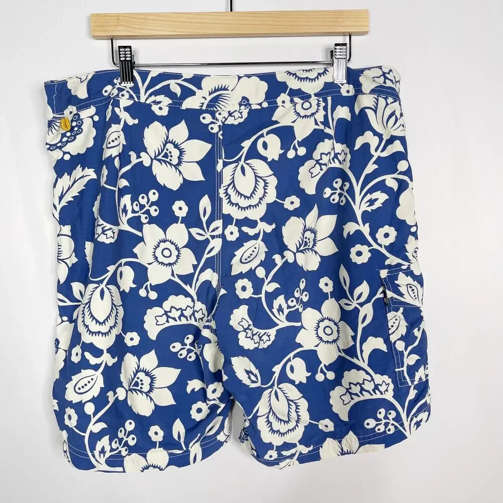 J Crew Mens Size 36 Blue White Floral Printed Swim Trunks Board Shorts Lace Up